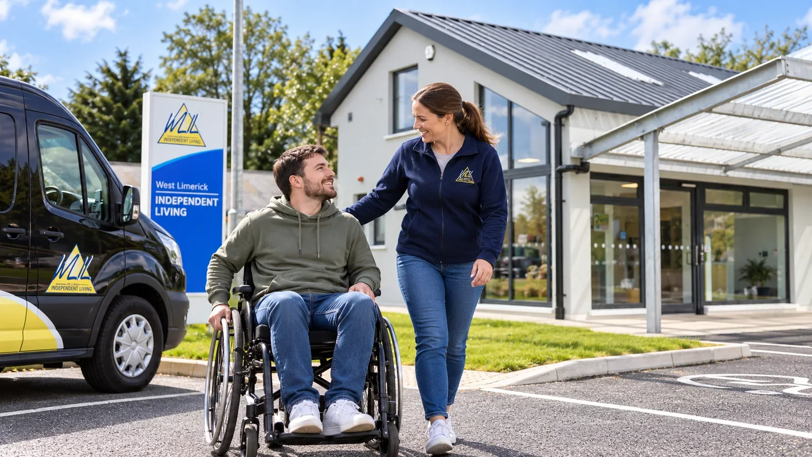 Support worker and client outside the WLIL office